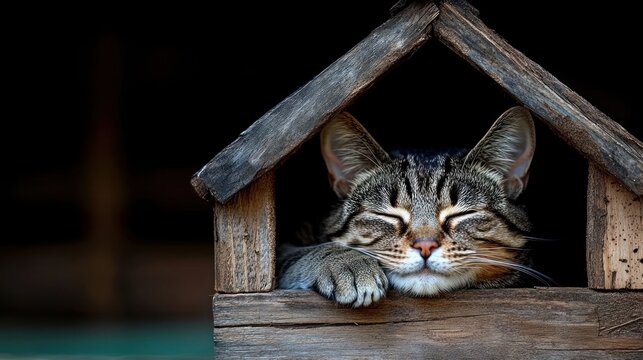 Peaceful tabby cat sleeping in rustic wooden house outdoors