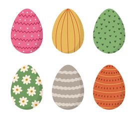 Lovely cartoon set of patterned Easter egg with zigzag, dot, wavy stripes, heart ornament. Colourful hand drawn symbol of Easter egg hunt, religious springtime festival. Cute doodle isolated on white.