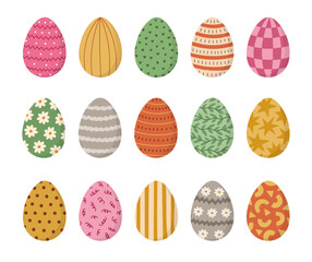 Big cartoon set with lovely Easter egg with geometric, abstract, swirl, flower ornament, striped, checked, polka dot. Trendy hand drawn symbol of Easter egg hunt. Cute painted doodle of isolated on ba