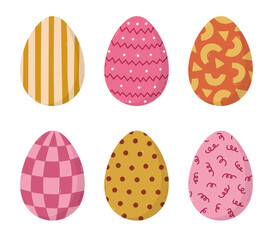 Lovely Easter egg cartoon set with different ornament of geometric shape, stripes, check, twirl, polka dot. Trendy hand drawn symbol of Easter egg hunt. Cute painted doodle of isolated on background.
