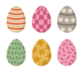 Lovely cartoon set of painted Easter egg with swirl, flower, dot pattern, checkered, leaves, stars. Trendy hand drawn symbol of Easter egg hunt. Cute ornate egg doodle of isolated on background.