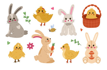 Lovely cartoon set with Easter bunny and baby chick in different poses. Childish hand drawn rabbit holding Easter egg, with bent down ear, chicken waving wings. Symbol of religious spring holiday.