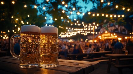 Beer mugs outdoor, festive outdoor lighting, night time celebration, beer garden scene, party atmosphere, social gathering