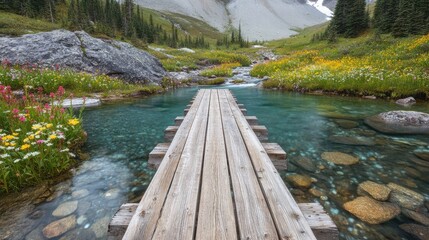 Fototapeta premium A wooden footbridge over a crystal-clear mountain stream, surrounded by wildflowers.