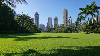 Obraz premium A large green lawn in front of the city skyline.