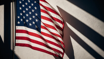 Obraz premium American Flag Waving Against Wall with Striking Shadow Patterns