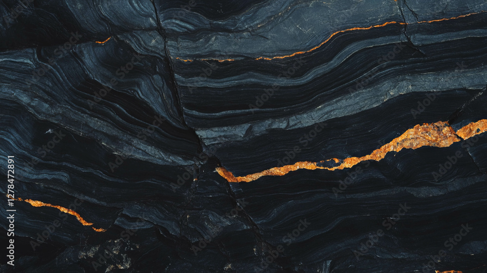 Poster Glossy layered black slate texture with distinctive veins for design