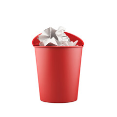 Bright red waste bin containing crumpled paper with simple modern design and smooth surface