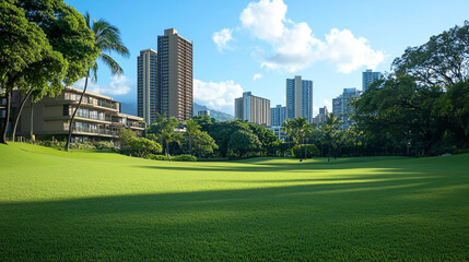A large green lawn in front of the city skyline.