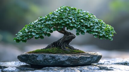 Bonsai tree on a rock, serene garden scene, mindful moment, peaceful nature, contemplation, meditation, zen, tranquility