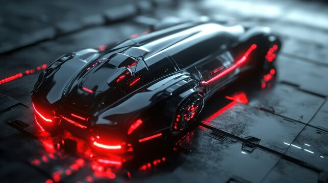 Futuristic car, dark studio, red lights, tech background, ad