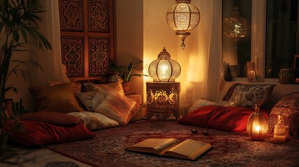 Fototapeta premium Cozy Oriental Reading Nook with Pillows, Lanterns, and Open Book