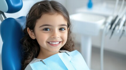  portrait of a smiling child looking directly into the camera while sitting in a modern dental chair