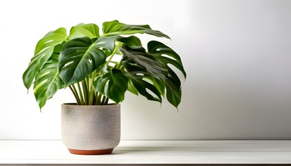 a Monstera plant in a modern pot, isolated on a white background