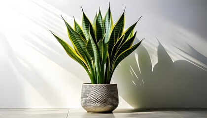 A Sansevieria plant in a modern pot, isolated on a white background