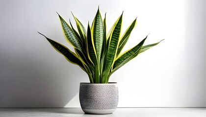 A Sansevieria plant in a modern pot, isolated on a white background