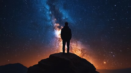 Fototapeta premium A solitary figure stands atop a rocky outcrop, gazing at the breathtaking night sky filled with stars and a vivid Milky Way, embodying the awe of the universe and nature's grandeur.