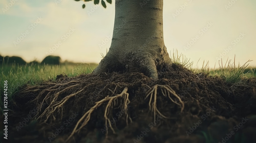 Poster the surface of moist soil showing delicate root systems from a freshly planted tree, symbolizing the