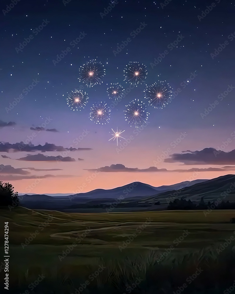 Canvas Prints a serene landscape under a twilight sky, featuring sparkling stars and distant mountains, creating a