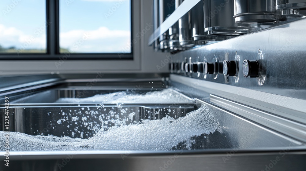 Poster modern ultrasonic filter cleaning device with a real-time monitoring system and rapid drying.