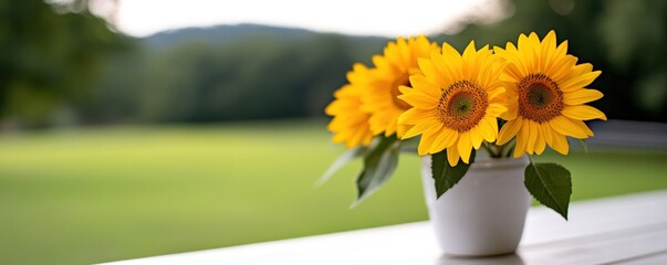 Sunflowers in vase, outdoor patio, green field background, summer decor