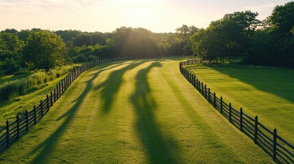 Obraz premium The sharp shadow of a fence stretching across a field at sunrise, casting long lines and enhancing the texture of the landscape.