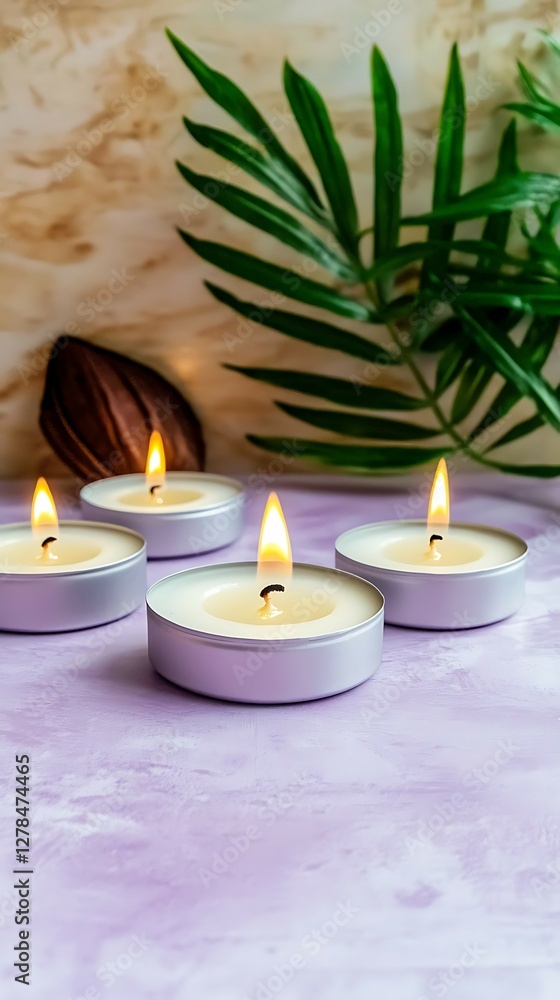 Poster a serene arrangement of lit candles surrounded by a green leaf, creating a calming atmosphere with s