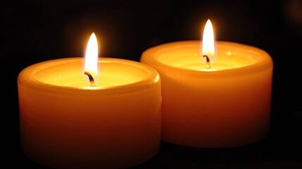 Two glowing candles positioned close together in the dark, creating an intimate ambiance.