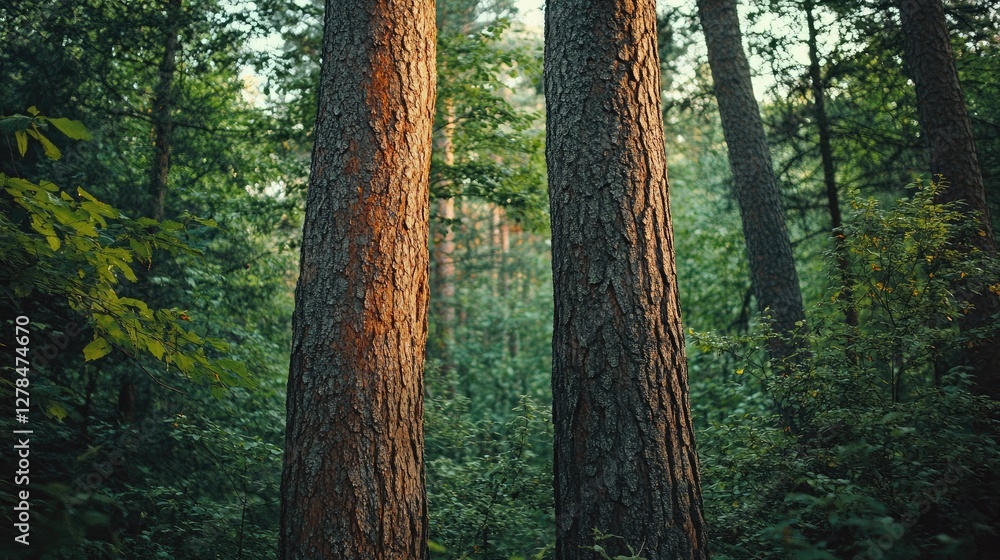 Poster two intertwined tree trunks in a dense forest, symbolizing unity and connection.