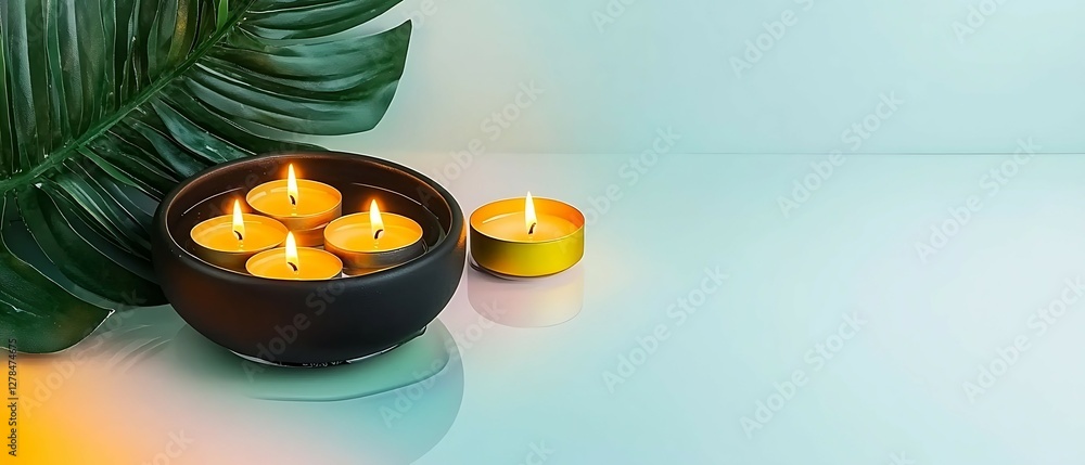 Canvas Prints a calm arrangement of lit candles surrounded by greenery, creating a soothing and serene atmosphere 