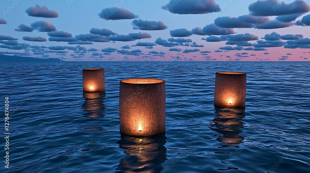 Aufkleber tranquil waters with illuminated pillars stand against a twilight sky, creating a serene and enchant