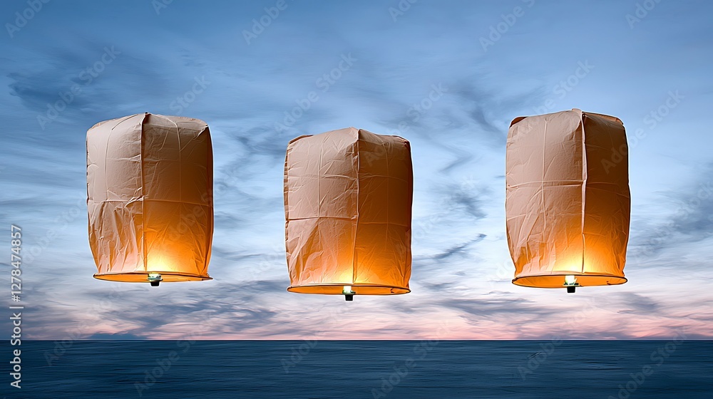 Aufkleber three glowing lanterns float against a serene twilight sky over calm waters, creating a tranquil and