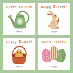 Fototapeta premium Lovely set with square banners for Happy Easter Day with colorful doodle of cute chick in basket, fluffy standing bunny, painted Easter egg, watering can. Simple poster for religious spring holiday.
