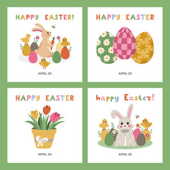 Lovely set with square banners for Happy Easter Day with illustration with cute fluffy bunny at meadow, ornate Easter egg, flower pot with tulips. Simple colorful poster for seasonal spring holiday.