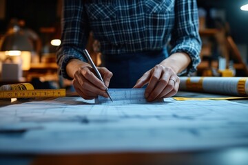 Obraz premium Architect drafting plans, workshop, night, blurred background