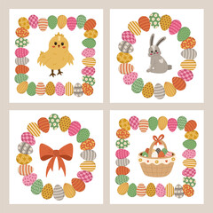 Lovely Easter postcard set with cartoon clipart in round and square frame of painted Easter eggs. Cute chick, fluffy bunny, ribbon bow, basket with eggs. Square poster collection in bright colors.