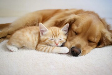 Orange kitten and golden retriever puppy cuddle together. Lovely dog and cat sleep. Perfect concept for pet supply , baby product, indoor advertising.