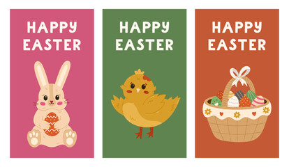 Lovely set of vertical Happy Easter posters with funny bunny, greeting chick, basket full of patterned Easter egg. Trendy pack of simple banner, background with colourful clipart and lettering.