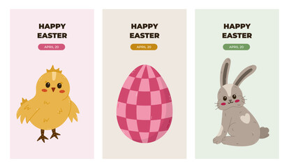 Lovely set of vertical Happy Easter posters in minimalist style with cute baby chick, fluffy Easter bunny, checked painted egg. Trendy collection of banner, cover, background with colorful clipart.