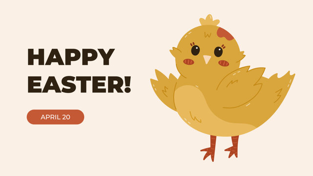 Horizontal minimalistic banner for Happy Easter Day with cute chick waving hello with wings. Simple holiday illustration for poster, website background as greeting with religious springtime carnival.