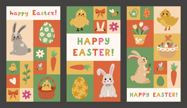 Lovely set of vertical Easter posters in Bauhaus style with colorful clipart. Trendy collection of geometric, abstract banners, story covers with fluffy bunny, painted Easter egg, cute chick, tulip.