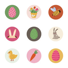 Lovely and cosy round cover icon with Easter springtime illustration for different social media, blogs, business, branding. Highlight icons for stories with bunny, chick, painted egg in pastel colors.