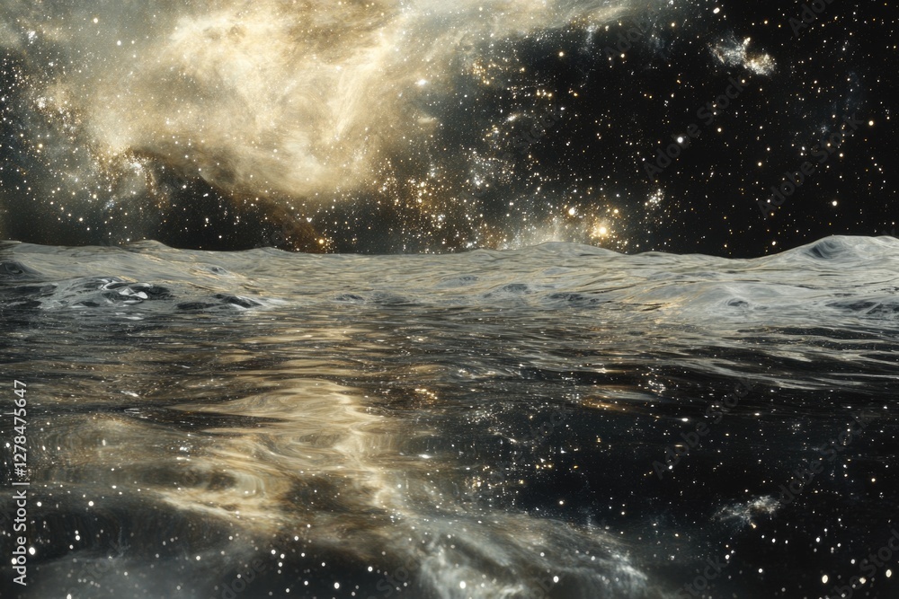 Poster a serene lake scene with a calm surface reflected in the starry sky, perfect for use as a background