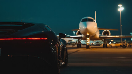 A sleek luxury car is stationed at night in front of a private jet on a well-lit runway. The scene highlights the opulence of high-end travel in an exclusive aviation environment