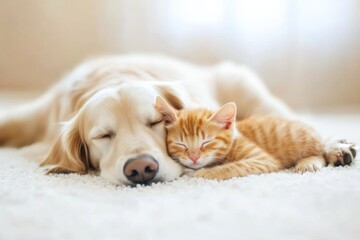 Orange kitten and golden retriever puppy cuddle together. Lovely dog and cat sleep. Perfect concept for pet supply , baby product, indoor advertising.
