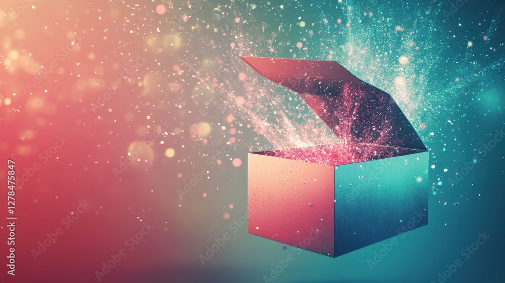 Poster colorful explosion from an open box creating a magical atmosphere with vibrant particles