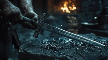 A person holding a sword, useful for medieval or fantasy themed images