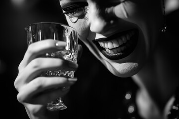 A woman holds a wine glass, ready to take a sip