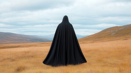 A hooded person wearing a long, dark cloak, standing in a timeless, medieval-inspired setting.