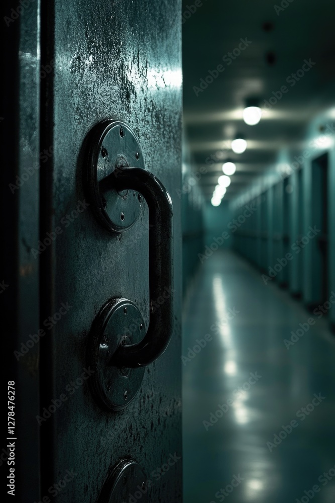 Poster a door handle on a door in a hallway with a simple design and subtle lighting
